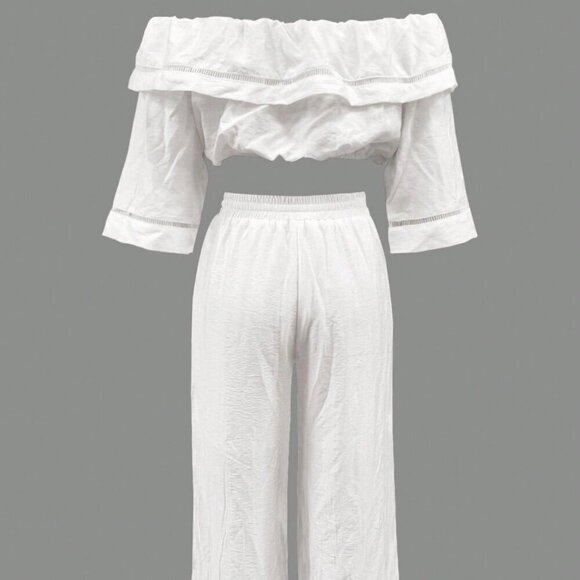 White Casual Women's Off-The-Shoulder Crop Top & Pants set - Picture 2 of 5